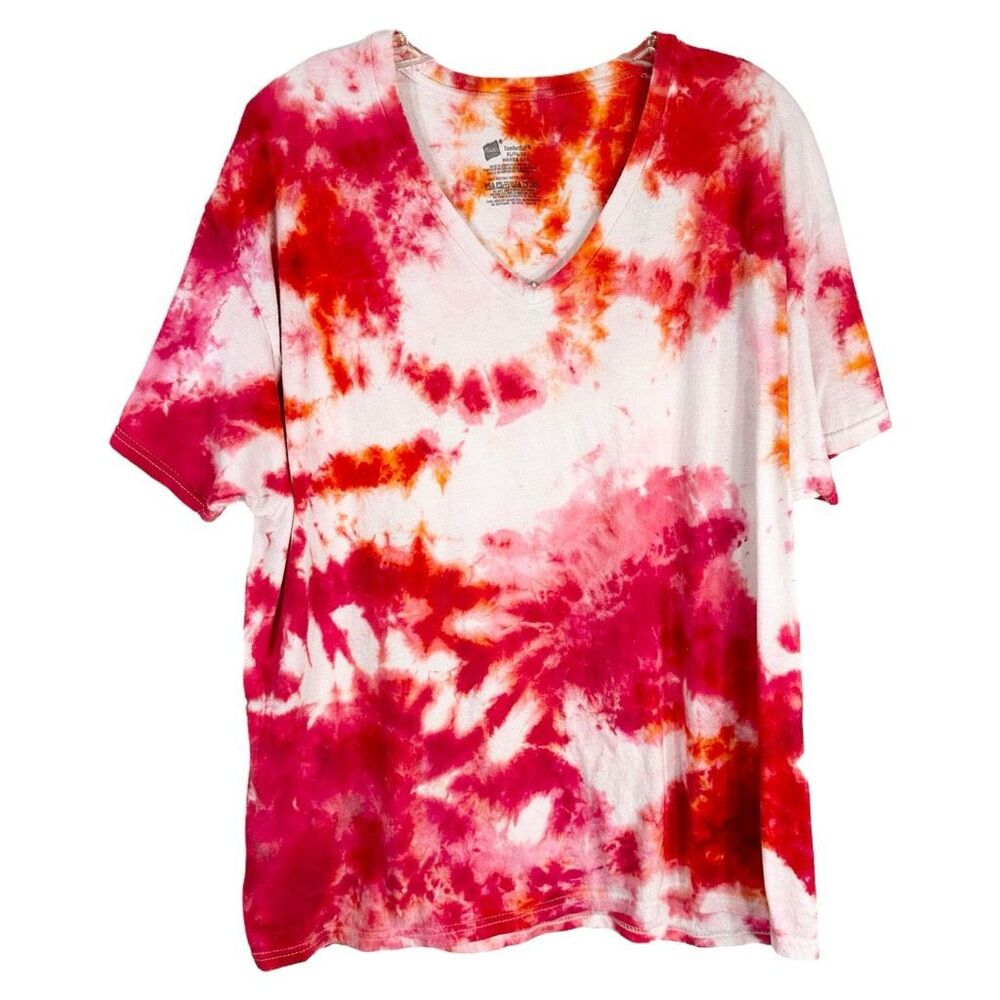 Hanes Size XL Top Something Bright Tie‎ Dye Handmade Pink White Tee V Neck 203
